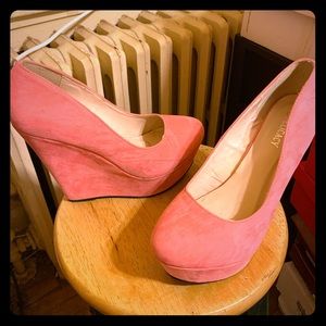 Coral suede wedges